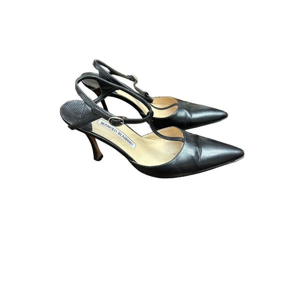 Manolo Blahnik Black Leather Pointed Toe Ankle Strap Pumps Size 36 - Picture 3 of 5